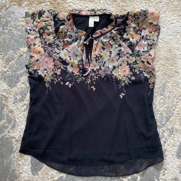 Joie Antho Black Floral Blouse Flutter Sleeves Tie Front Ruffled Neckline L - Picture 1 of 10